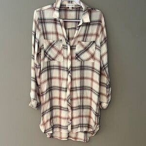 Cloth & Stone Anthropologie Plaid Tunic in Cream and Brown Medium/ Full cover